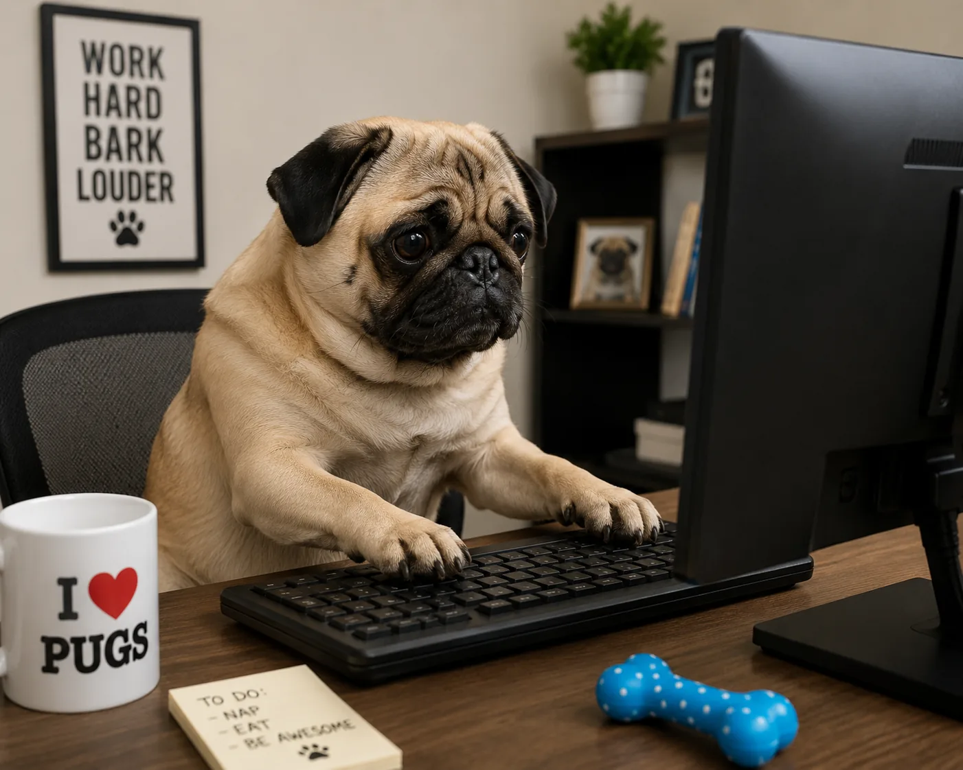 A pug typing on a computer