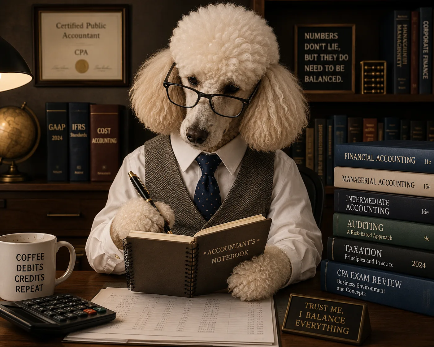 Close-up of a poodle disguised as an accountant and holding a blocknote and a pen. The poodle seems to be writing something, he is in a study room surrounded by accounting books