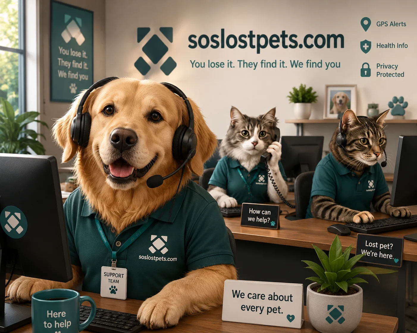 visit the soslostpets.com support center: A dog with a headphone who seem to take care of the support center for a company. there are a couple of cat colleagues answering the phone or typing on a computer in the background.
