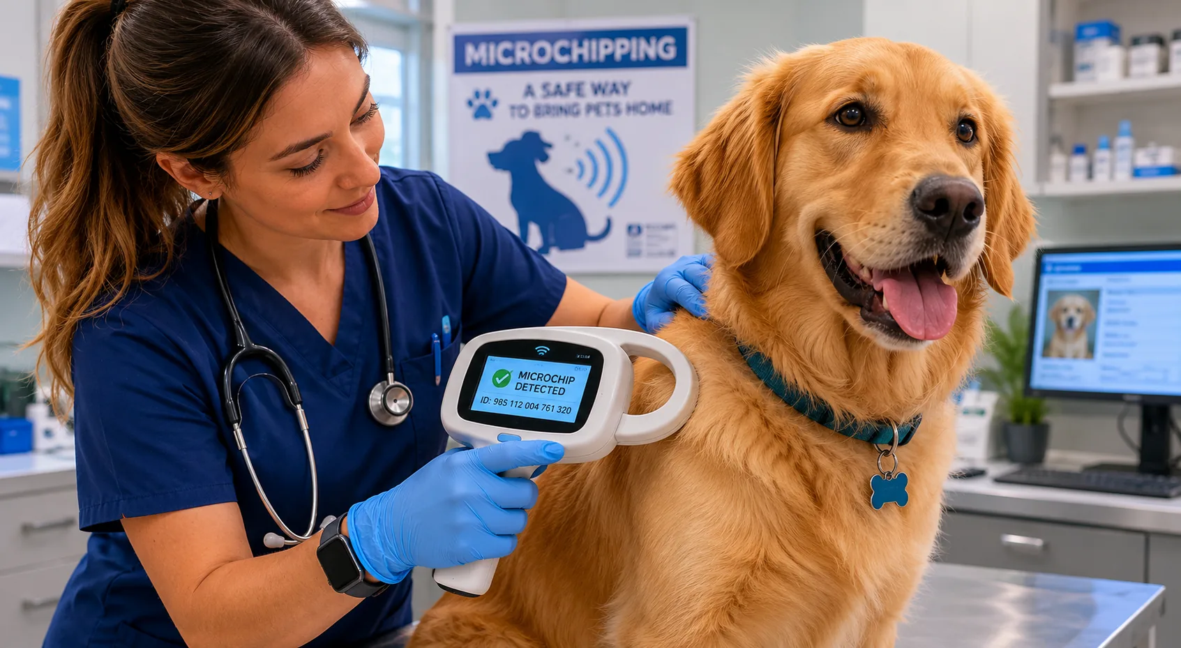 A Veterinarian scans the microchip of a golden retriever
