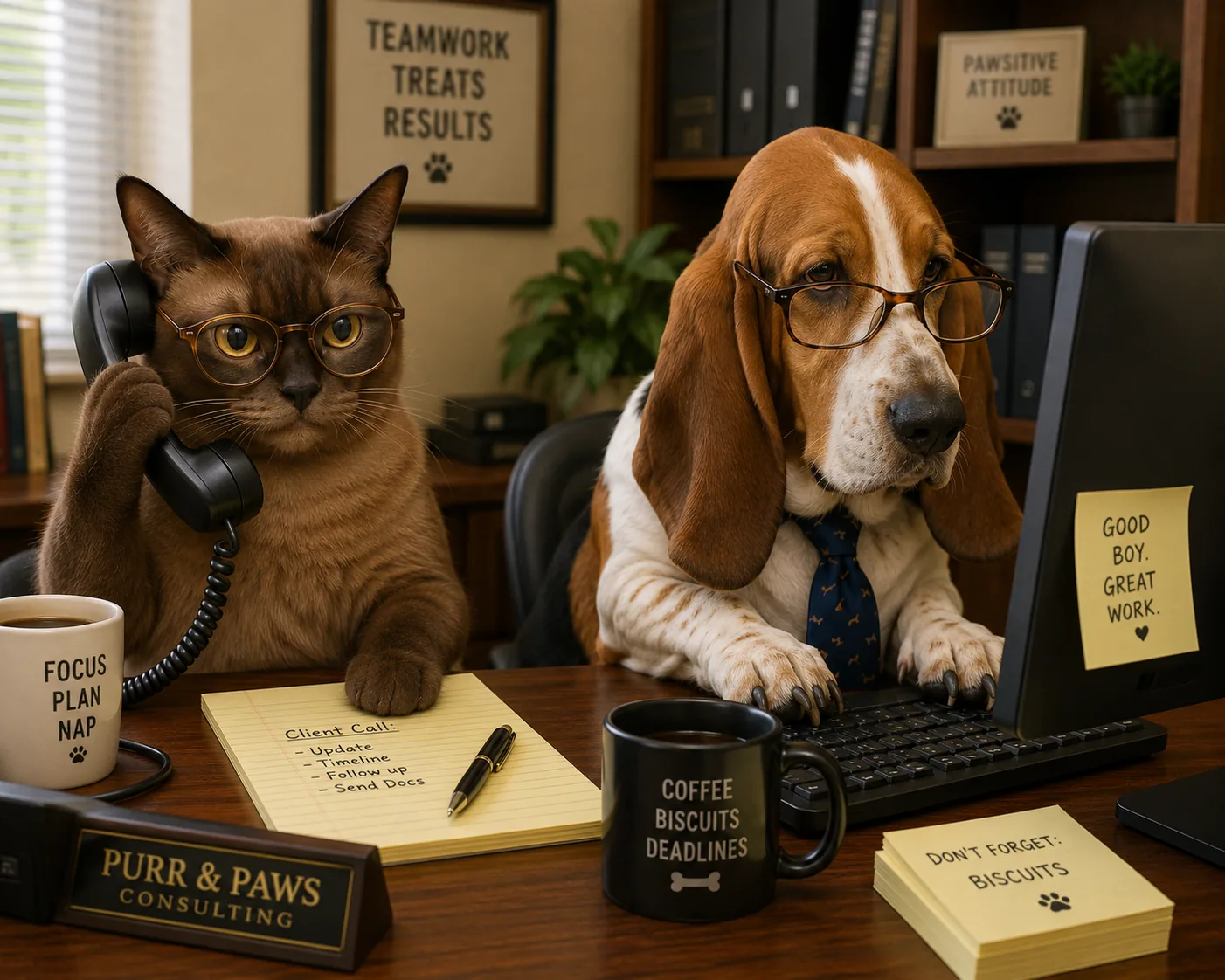A burma cat registers over the phone and a basset dog is registering on the computer