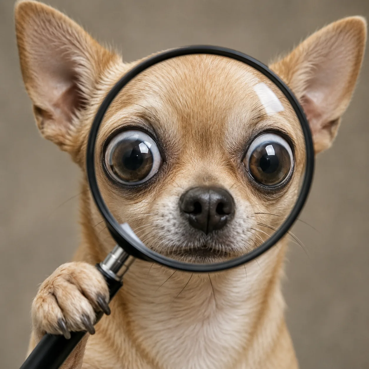 Close-up of a chihuahua looking through a magnifying glass, just like a detective would do