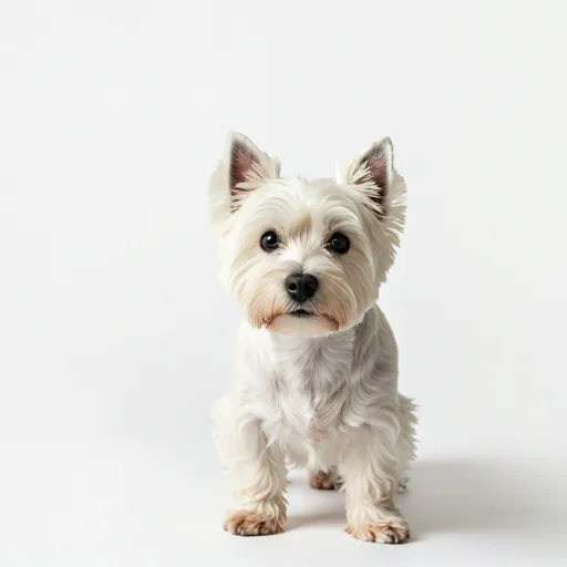 A small white terrier looking curious at the camera, clean studio background, soft warm lighting