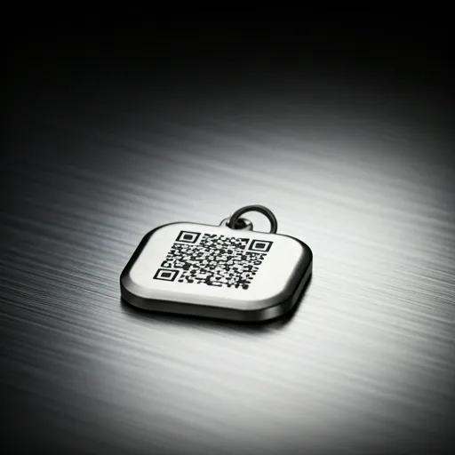 Close-up photo of a sleek, minimalist pet recovery tag with QR code, resting on a clean metallic surface