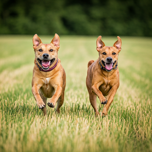 Two happy dogs running in an open field