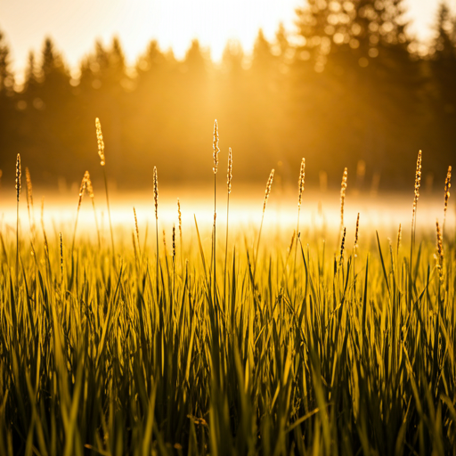 peaceful serene meadow at sunrise with soft golden light filtering through morning mist and tall grass